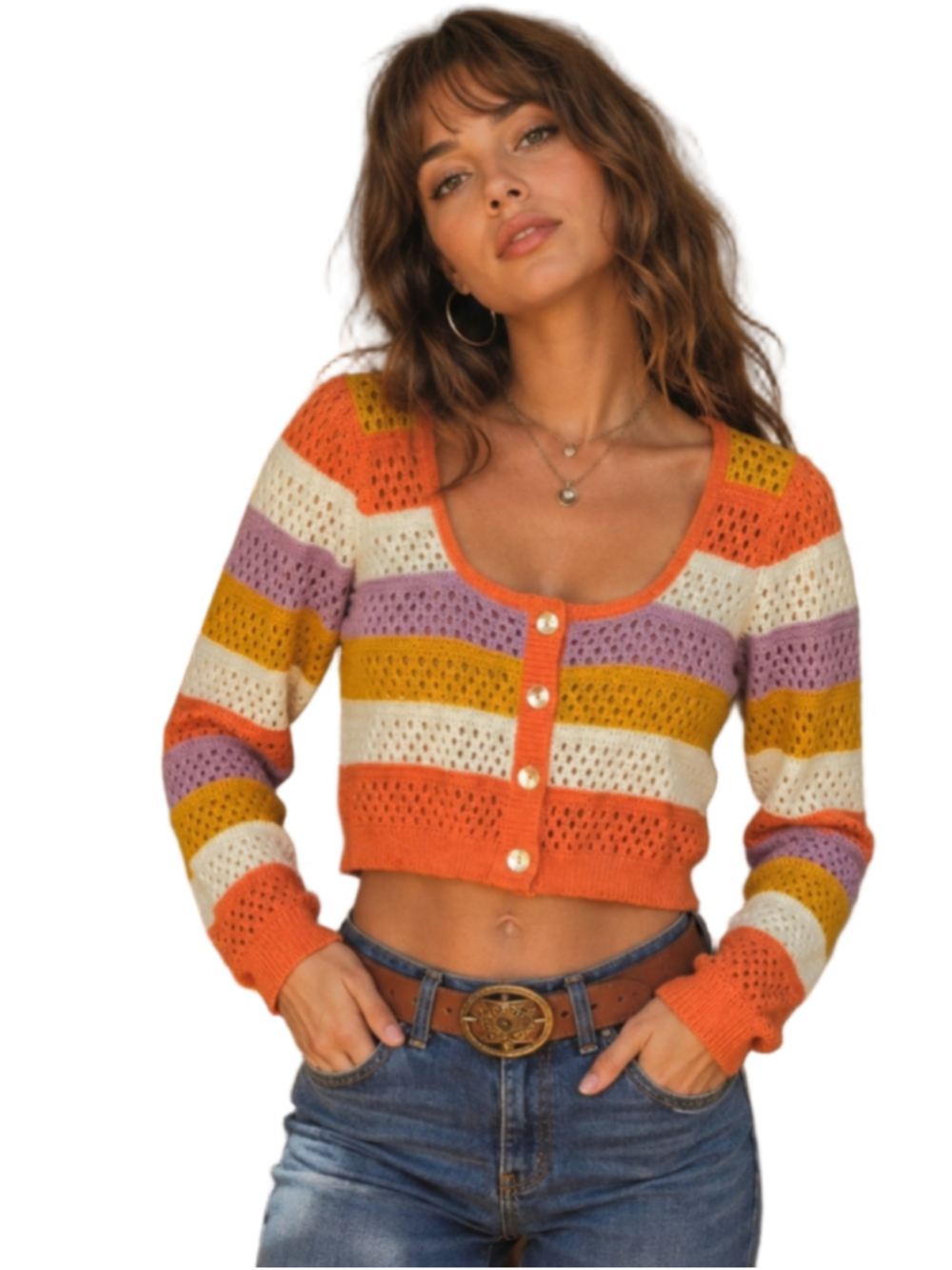 SO Sonoma Cropped Crochet Knit Striped Cardigan Sweater Boho Sz M